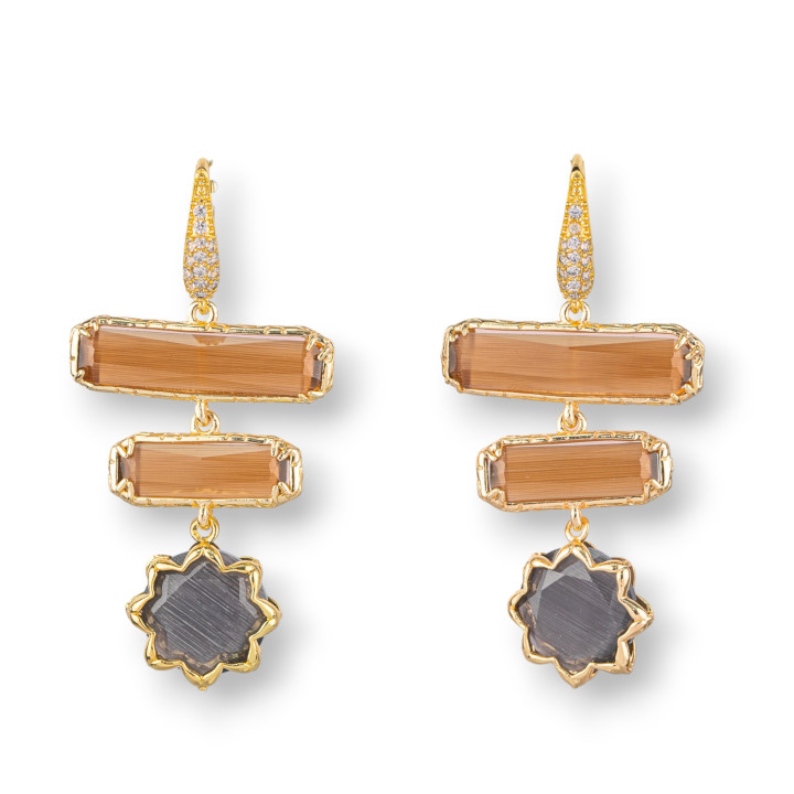 Orecchini A Monachella Di Bronzo Con Elementi Di Occhio Di Gatto Rettangolo E Stella a 8 Punte 29x58mm Marrone Grigio