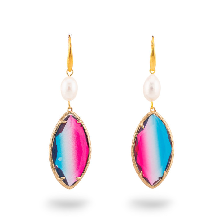 Bronze Monachella Earrings With River Pearls And Leaf Crystal 20x70mm Fuchsia Blue