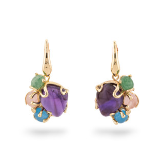 Bronze Monachella Earrings With Golden Set Hard Stones 26x48mm Amethyst