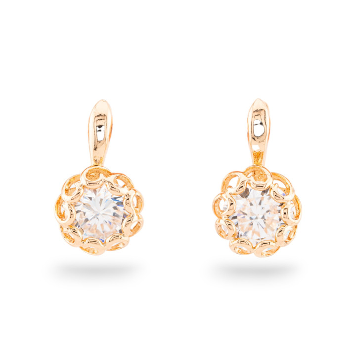 Orecchini A Perno Di Bronzo Con Cabochon Di Cristalli CZ Dorato 12x19mm Bianco