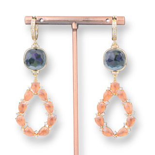 Orecchini A Perno Di Bronzo Con Cabochon Di Occhio Di Gatto E Goccia Fantasia 25x72mm MOD8