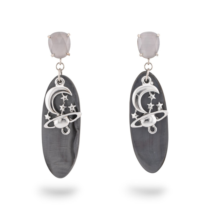 Χάλκινα καρφωτά σκουλαρίκια με μάτι γάτας και μαργαριτάρι και μενταγιόν Zamak 18x66 Λευκό