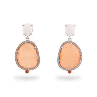 24x52mm Peach White Rhodium Plated Cat's Eye Bronze Stud Earrings Set With Zirconia