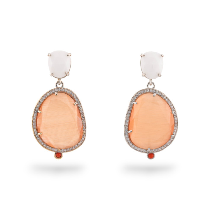 Pendientes de bronce con ojo de gato engastados con circonitas 24x52 mm rodiados blanco melocotón