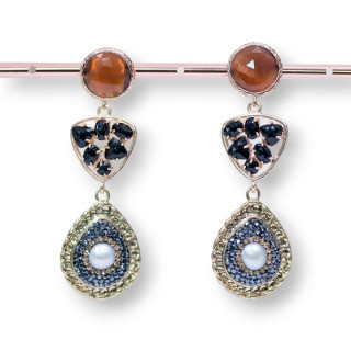 Bronze Cat's Eye Stud Earrings Set with Marcasite Component