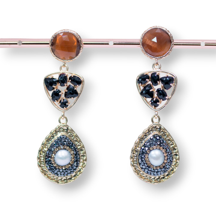 Bronze Cat's Eye Stud Earrings Set with Marcasite Component