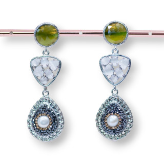 Bronze & Cat's Eye Stud Earrings Set with Green Grey Marcasite Component