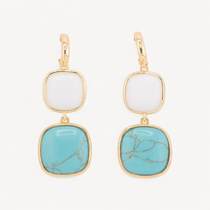 Boucles d'oreilles Puces Bronze Oeil de Chat Double Carré 22x60mm Blanc