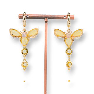 Bronze Cat's Eye Bee Stud Earrings With Cubic Zirconia And River Pearls 32x70mm Yellow