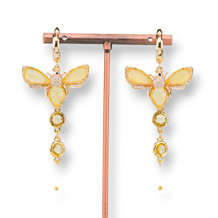 Pendientes de Bronce con Abejas Ojo de Gato con Circonitas y Perlas de Río 32x70mm Amarillo