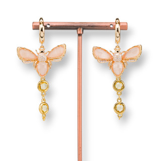 Bronze-Ohrstecker mit Katzenaugen-Bienen, Zirkonen und Flussperlen, 32 x 70 mm, Pfirsich