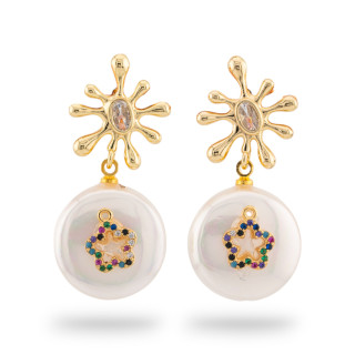 Orecchini Perno Di Bronzo Con Elemento Di Cristallo Quadrifoglio E Goccia a Piastra Di Bronzo Dorato