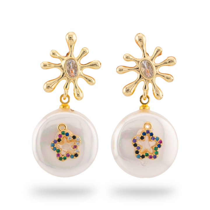 Orecchini Perno Di Bronzo Con Elemento Di Cristallo Quadrifoglio E Goccia a Piastra Di Bronzo