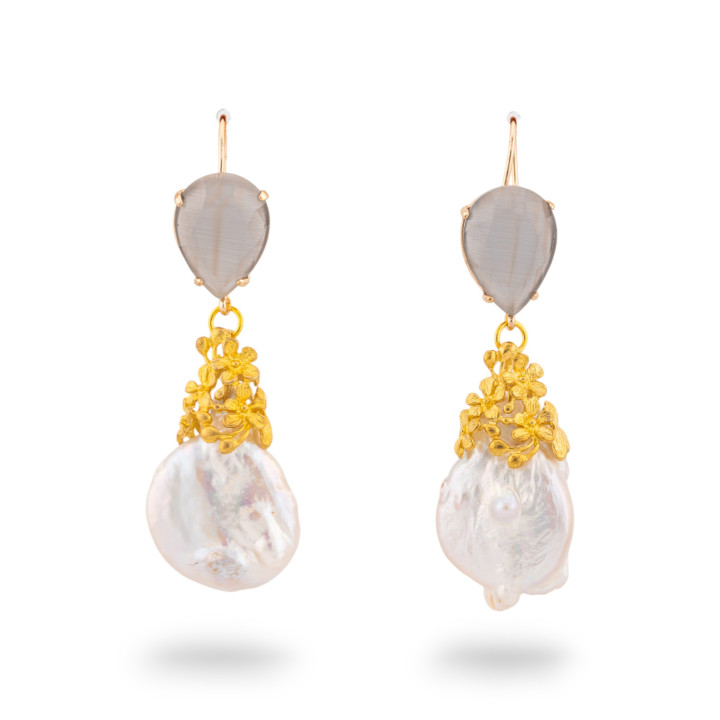 Bronze Cat's Eye Earrings With Baroque River Pearl Pendant 20X70mm