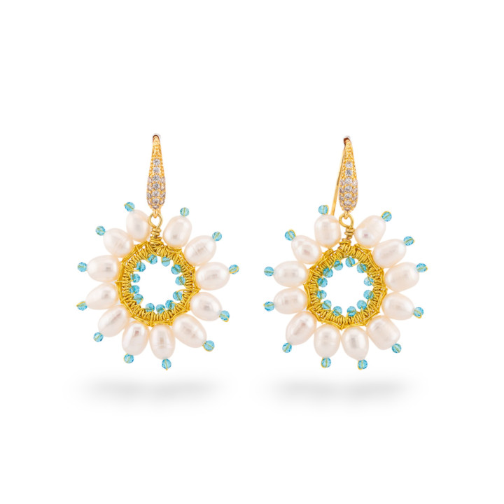 Boucles d'oreilles levier en bronze avec perles de rivière et zircons faites à la main 35x45mm bleu clair