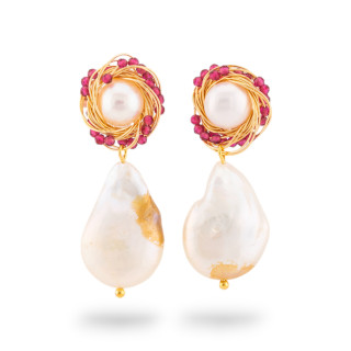 Boucles d'oreilles à tige en argent 925 avec travail en bronze et pierres 17x40mm rouge