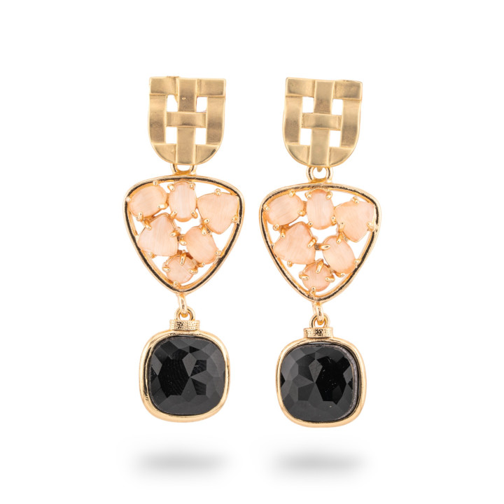 Pendientes de bronce con cabujón ojo de gato 20x50 mm dorado melocotón negro