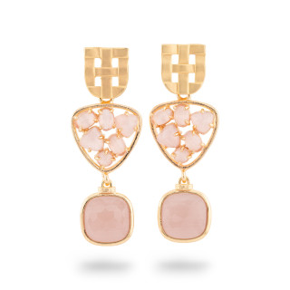 Orecchini A Perno Di Bronzo Con Cabochon Di Occhio Di Gatto 20x50mm Dorato Rosa