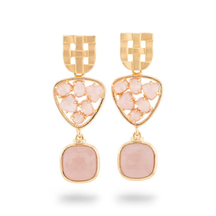 Boucles d'Oreilles Puces Bronze avec Cabochon Oeil de Chat 20x50mm Or Rose