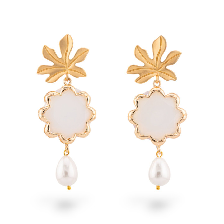 Σκουλαρίκια μπρούτζινα καρφιά με λουλουδάτο μάτι της γάτας και πέρλες Μαγιόρκας 30x68mm Λευκό Χρυσό