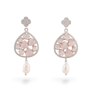 Bronze Stud Earrings Four Leaf Clover With Cat's Eye Drop And River Pearls 25x57mm Rhodium Plated Powder