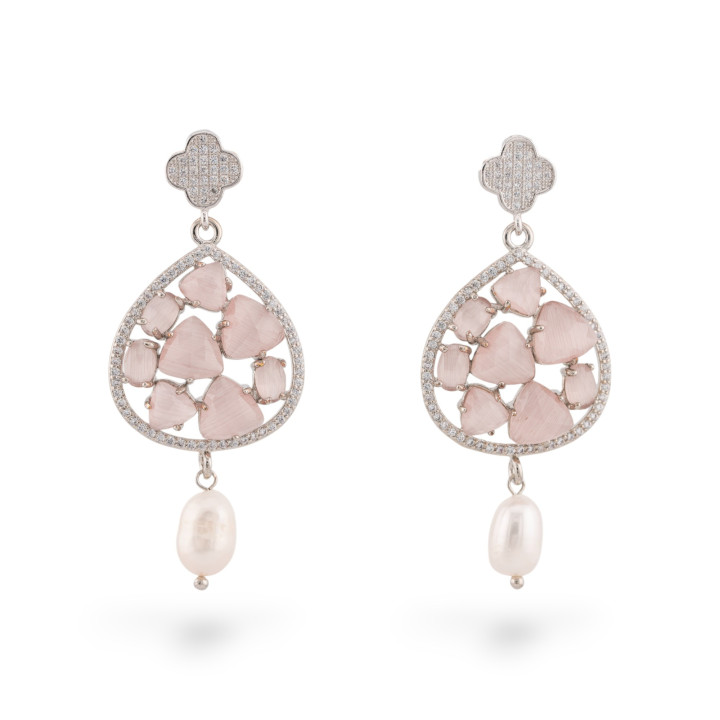 Bronze Stud Earrings Four Leaf Clover With Cat's Eye Drop And River Pearls 25x57mm Rhodium Plated Powder