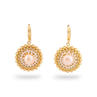 Boucles D'oreilles En Bronze Avec Filigrane Et Perles De Rivière Roses