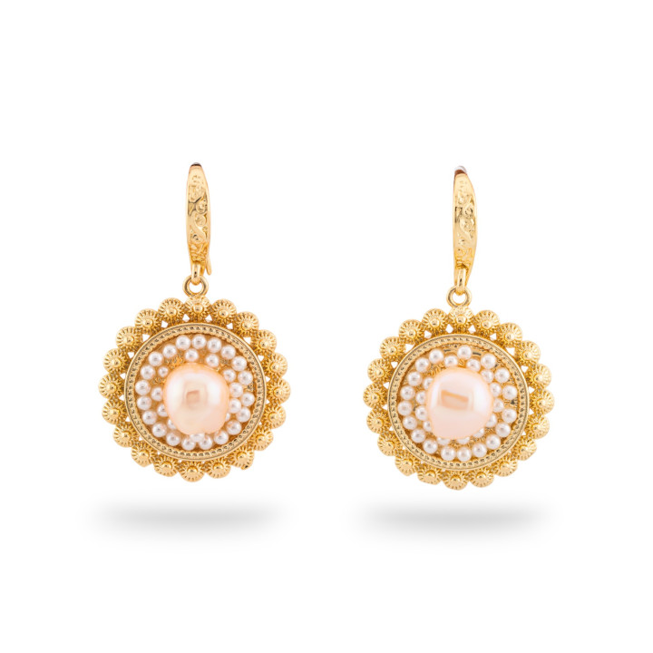 Bronze Earrings With Filigree And Pink River Pearls