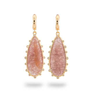 Pendientes Cerrados de Bronce con Gota de Piedras Semipreciosas 18x56mm Cuarzo Fresa Dorado