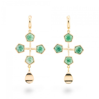 Orecchini Perno Chiuso Di Occhio Di Gatto Con Cabochon Incastonato Su Bronzo Dorato Verde