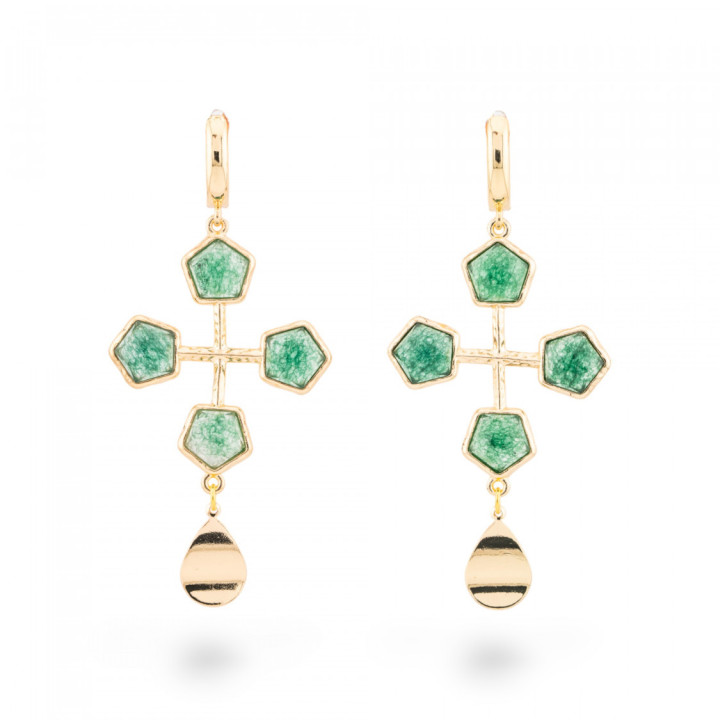 Orecchini Perno Chiuso Di Occhio Di Gatto Con Cabochon Incastonato Su Bronzo Dorato Verde