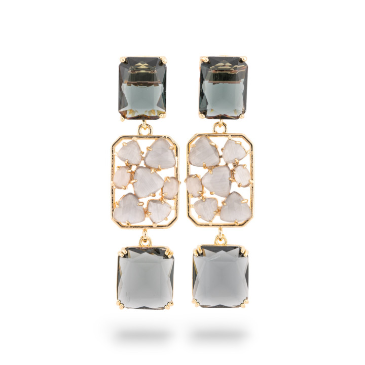 Boucles d'oreilles clous en bronze avec pendentifs rectangulaires œil de chat 18x65mm doré MOD3