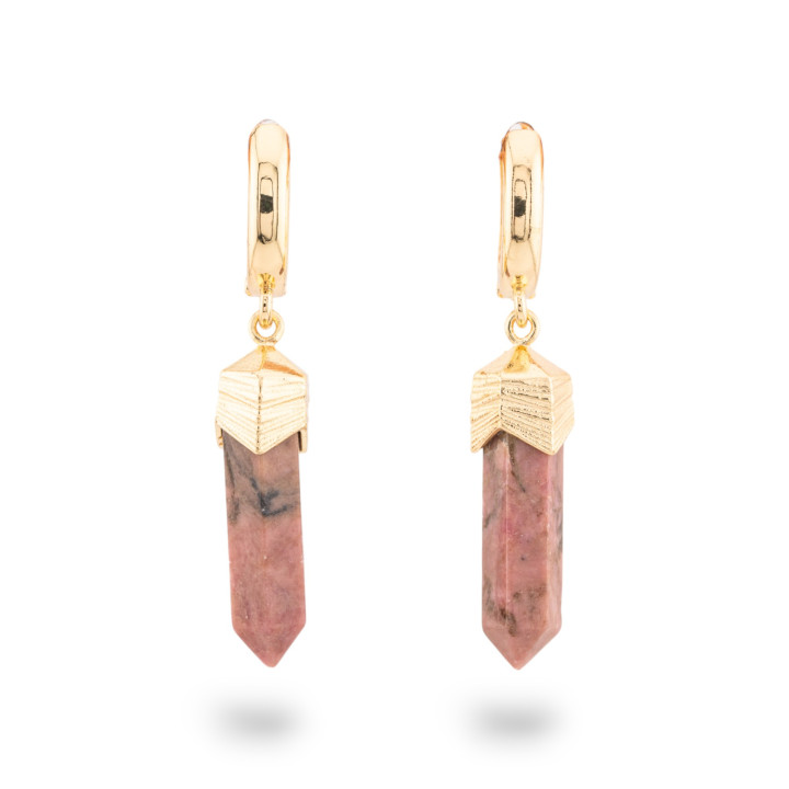 Boucles d'oreilles clous en bronze avec pendentifs en pierre d'obélisque en rhodonite dorée