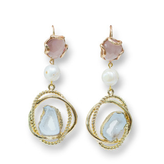 Pendientes De Gancho De Bronce Con Elementos De Ojo De Gato Y Perlas De Río Con Druzi Y Piedras Semipreciosas En Polvo