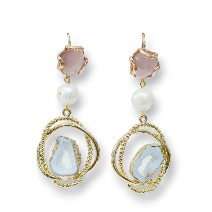 Boucles d'oreilles levier en bronze avec éléments oeil de chat et perles de rivière avec druzi et pierres semi-précieuses en pou