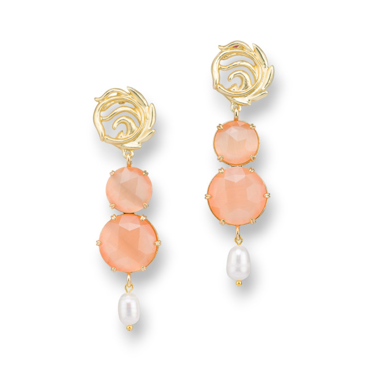 Orecchini A Perno Di Bronzo Con Componente Di Occhi di Gatto E Perle Di Fiume 19x70mm Pesca