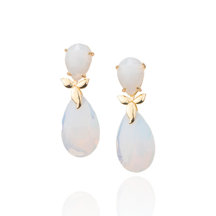 Boucles d'oreilles clous en bronze avec pierres semi-précieuses 15x44mm blanc