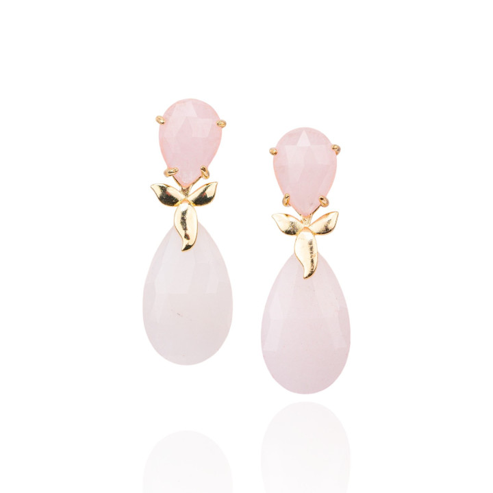 Pendientes de Bronce con Piedras Semipreciosas 15x44mm Rosa Blanco