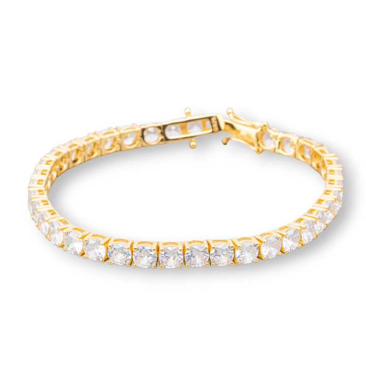 Bracciale Di Argento 925 Tennis Con Zircone Tondo da 4mm Lunghezza 16cm Esterno 4,5mm Bianco Dorato