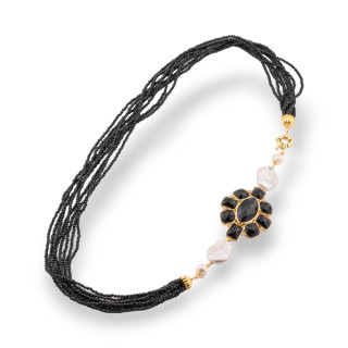 Collier Multibrins Bijoux de Cristaux CZ avec Perles de Rivière et Pierres Centrales et Bronze 60cm Noir