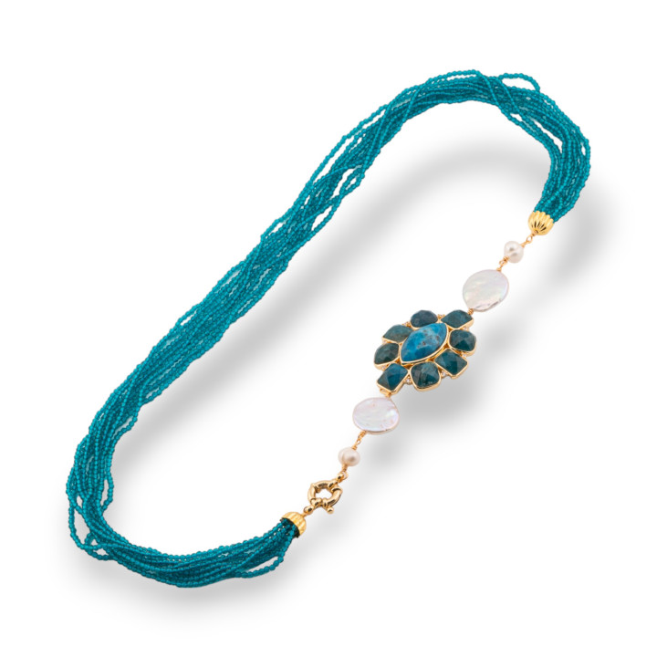 Collana Bijoux Multifilo Di Cristalli CZ Con Perle Di Fiume E Centrale Di Pietre E Bronzo 60cm Ottanio