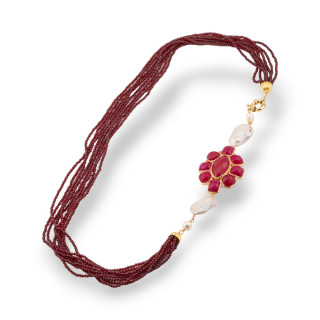 Collana Bijoux Multifilo Di Cristalli CZ Con Perle Di Fiume E Centrale Di Pietre E Bronzo 60cm Rosso