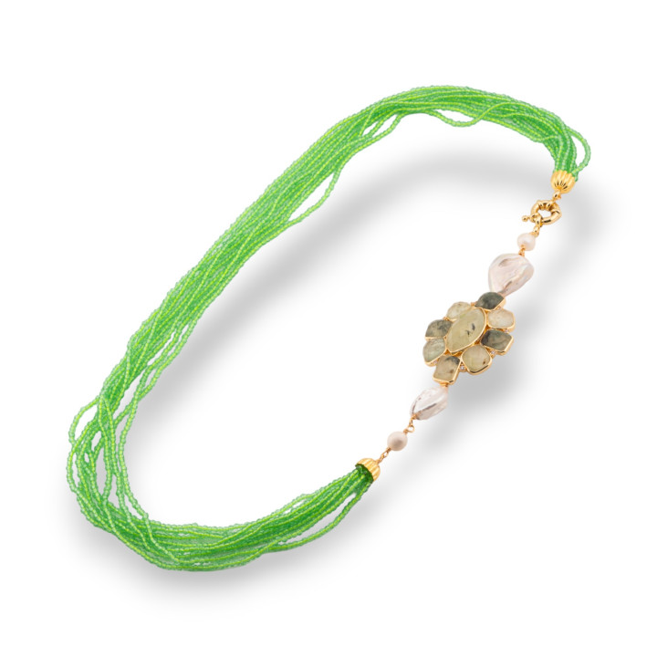 Collar Bijoux Multihilos De Cristales CZ Con Perlas De Río Y Piedras Centrales Y Bronce 60cm Verde Claro