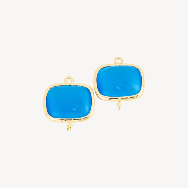 Brass Component Connector With Cat Eye Smooth Rectangle 17x19mm With 2 Jump Rings 10pcs Gold Blue