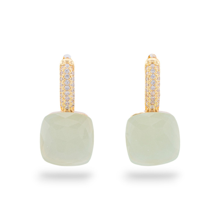 Pendientes de Gancho Cerrado de Bronce con Ojo de Gato de Talla Cojín con Circonitas 13x26mm Oro Hielo