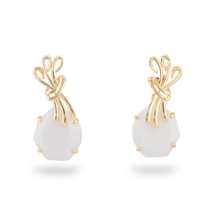 Boucles d'oreilles à tige en bronze avec cristaux CZ 20x40 mm, agate blanche dorée