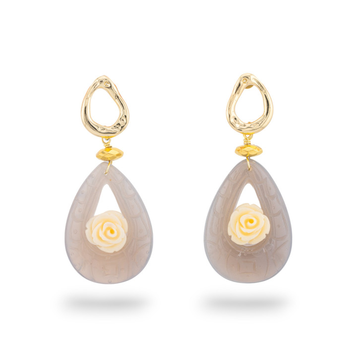 Orecchini A Perno Di Bronzo Con Goccia Di Agata Grigio E Fiore Di Resina 25x58mm