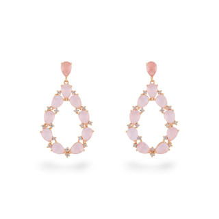 Orecchini Di Bronzo A Perno Con Occhio Di Gatto Incastonato Goccia Con Zirconi 25,5x44mm Dorato Rosa