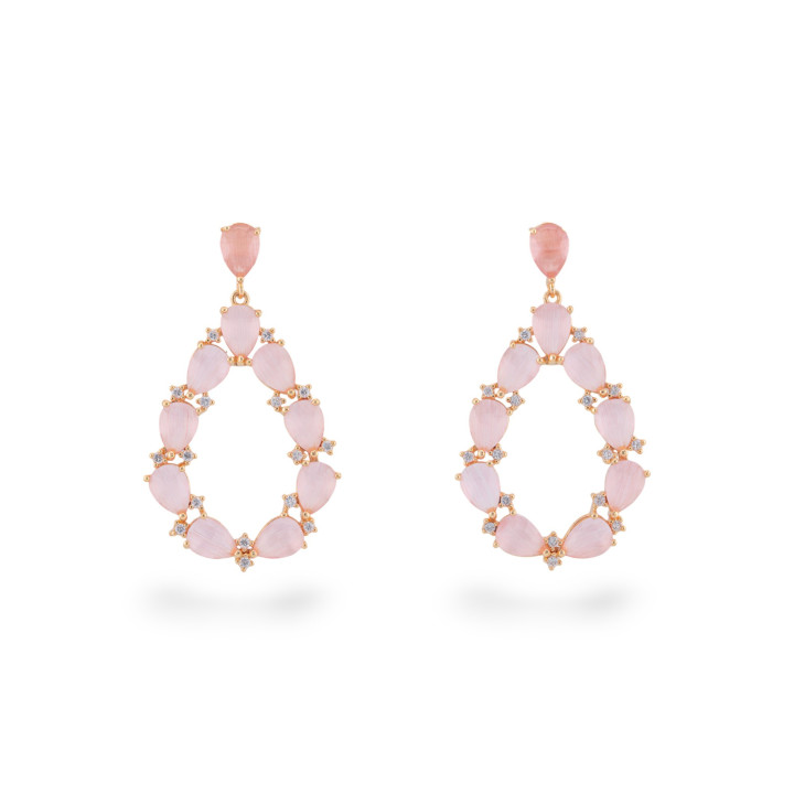 Orecchini Di Bronzo A Perno Con Occhio Di Gatto Incastonato Goccia Con Zirconi 25,5x44mm Oro Rosa Cipria