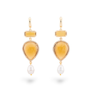 Bronze Stud Earrings With Cat's Eye Element And Drops With Zircons And Mallorca Pearls 20x72mm Mustard Yellow